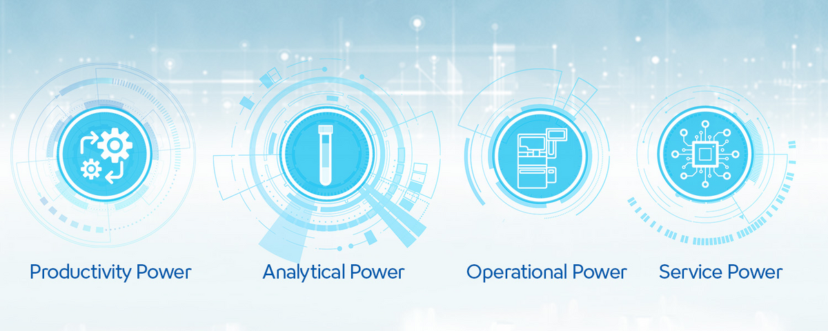 [.NL-fr Netherlands (french)] An image of 4 icons representing the four powers: Powerful productivity, Analytical power, Operational power, and Service Power