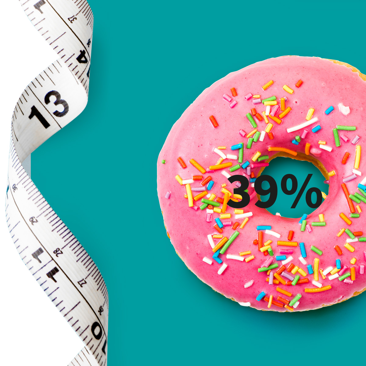 [.NL-fr Netherlands (french)] •	A measuring tape and a doughnut with pink icing and colourful sugar sprinkle as a metaphor for obesity