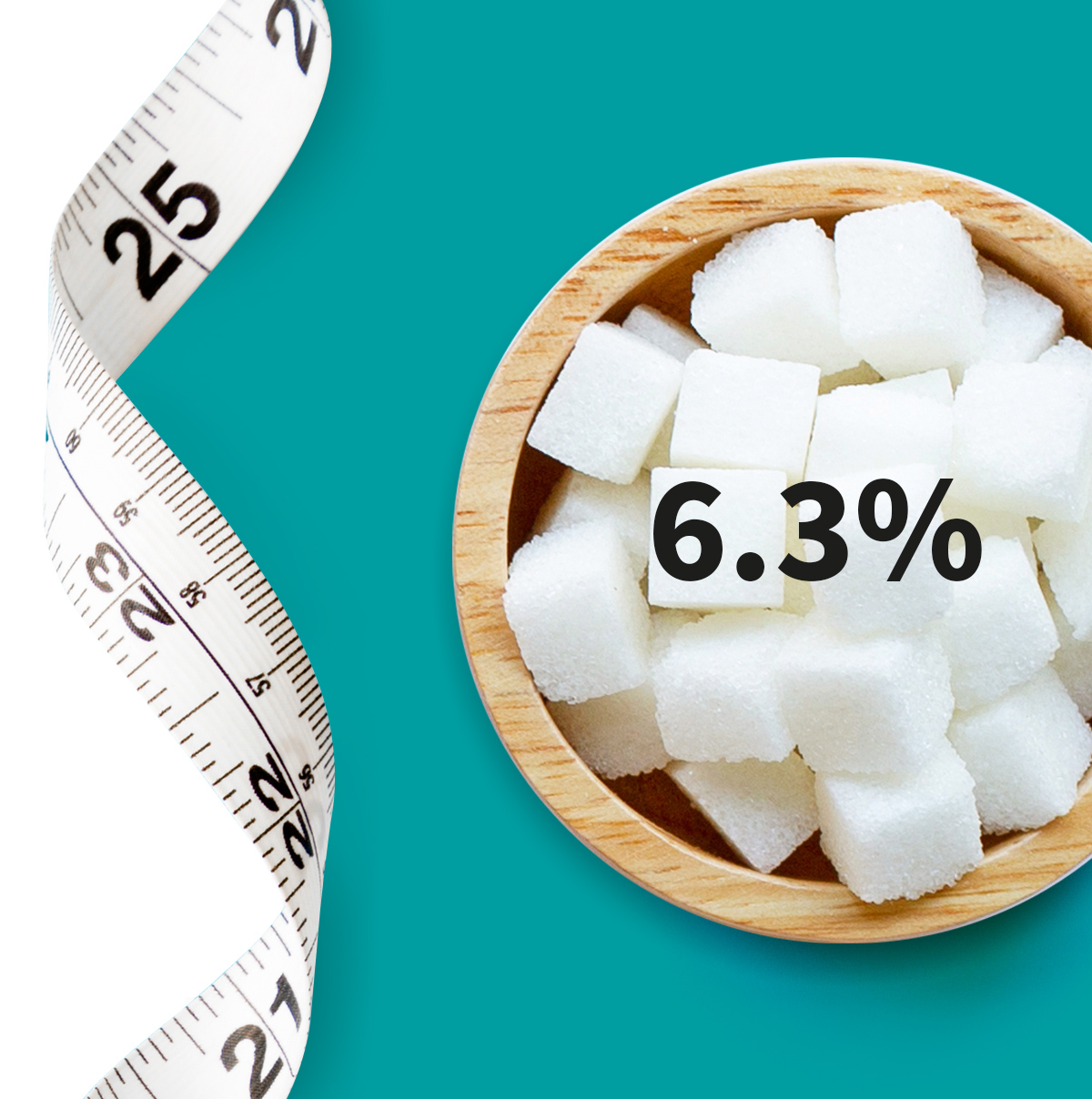 [.NL-fr Netherlands (french)] A measuring tape and a bowl full of sugar cubes shown as a metaphor for diabetes